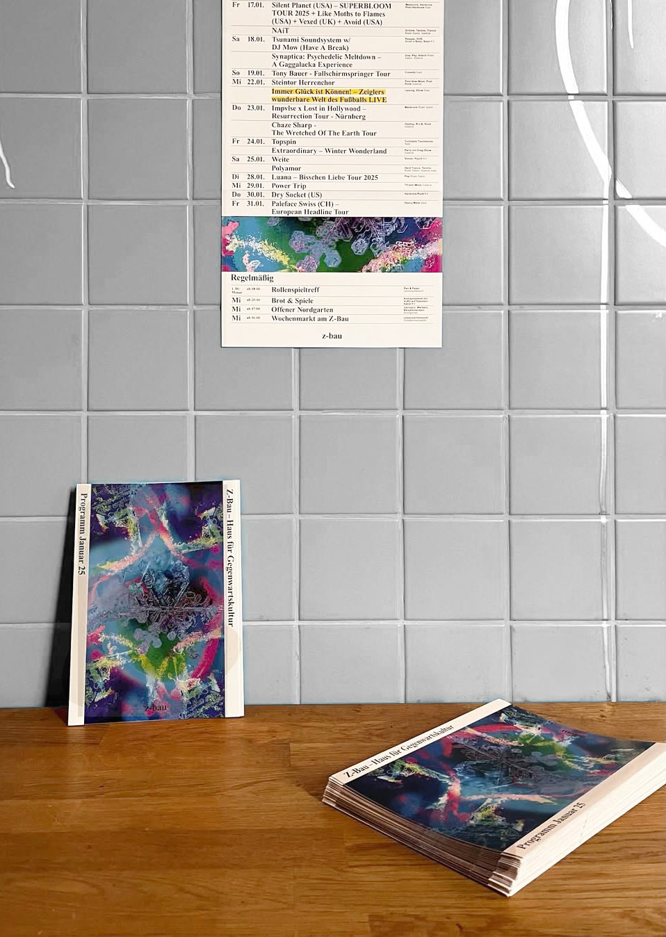 Z-Bau magazine leaning against a tiled wall