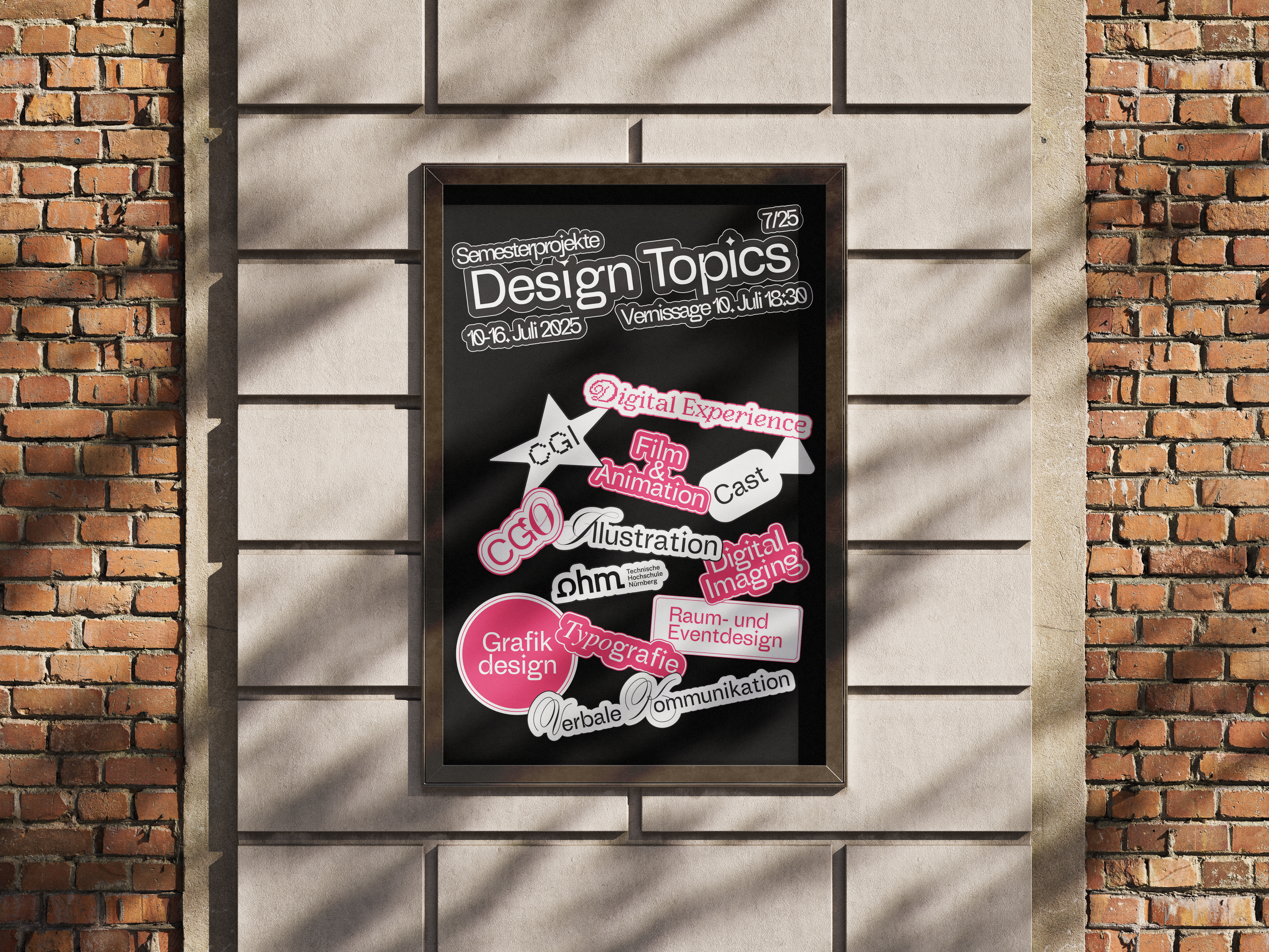 Design Topics poster framed on a brick wall